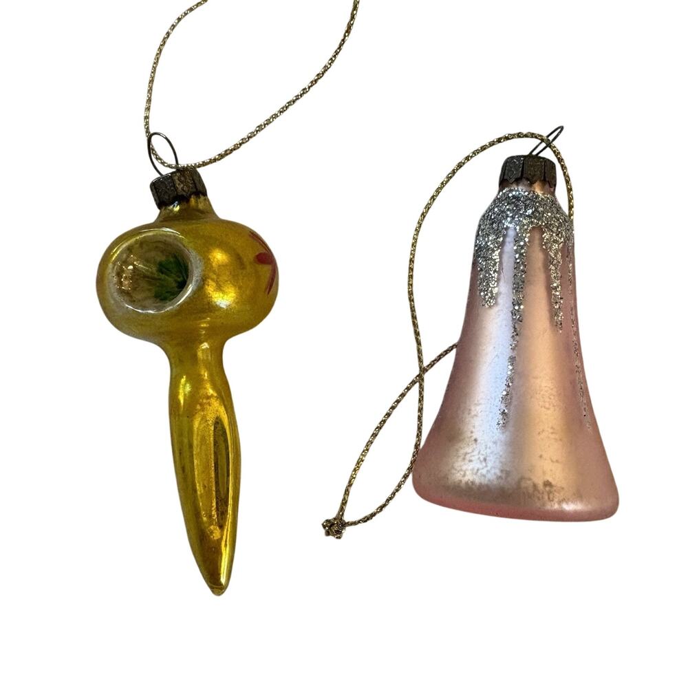 Vintage Set of 2 Mini Glass Christmas Ornaments Pink Bell & Gold Icicle Indented